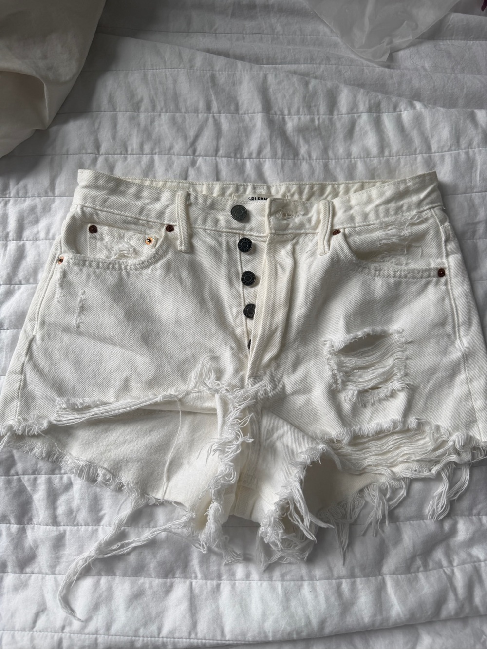 GRLFRND White Distressed High-Rise Denim Shorts